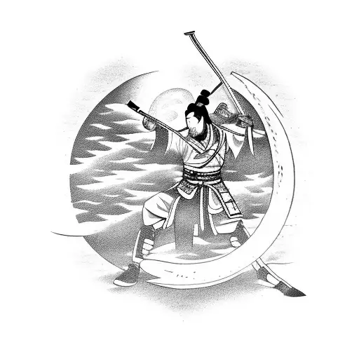 Samurai Warrior Wielding A Katana Under A Crescent Moon