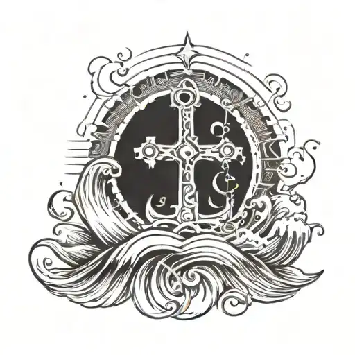 A Sunset Background With The Waves Then An Anchor With A Cross Inside The Anchor
