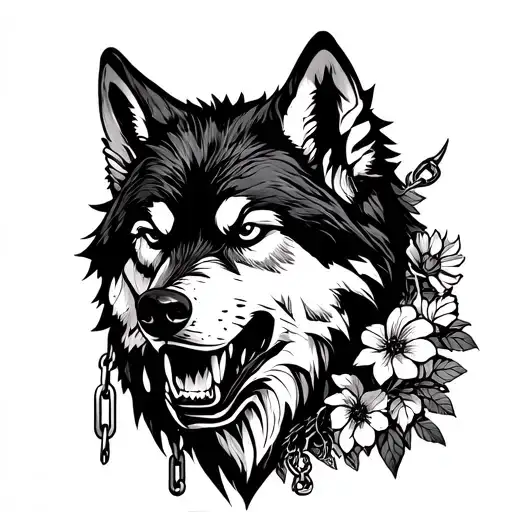 Grin The Wolf With Chains And Flowers
