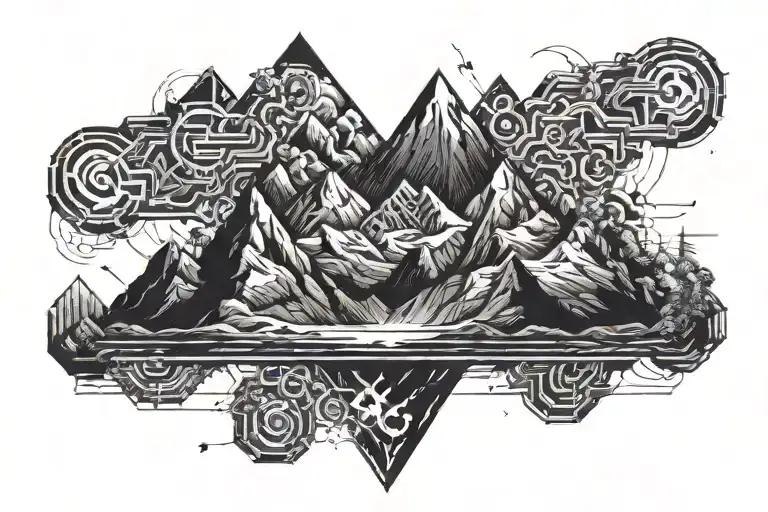 Pixelated Mountain Landscape With Cyber Sigil