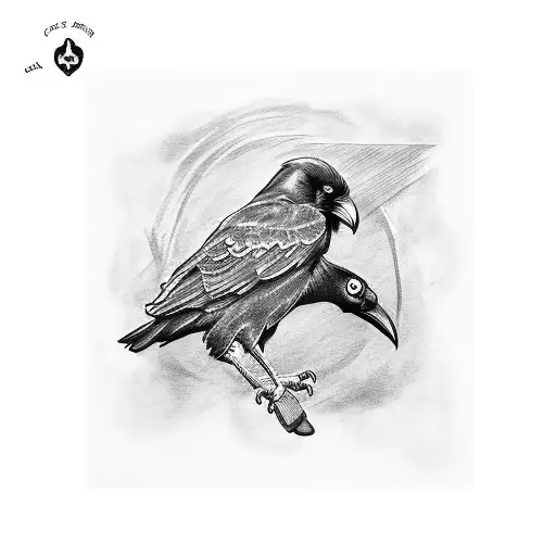 A Blackwork Tattoo Of A Crow Holding A Pencil And Sketching A Gaming Character
