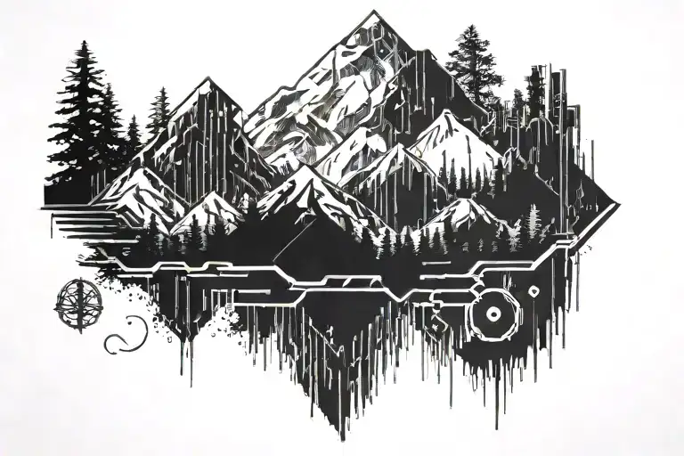 Pixelated Mountain Landscape With Cyber Sigil In Black And White