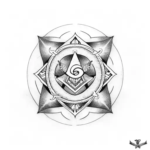 A Blackwork Tattoo Of A Rose Cross Intertwined With Masonic Symbols