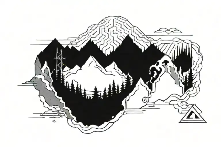 Pixelated Mountain Landscape With Cyber Sigilism