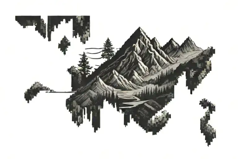 Pixelated Mountain Landscape With Cyber Sigil