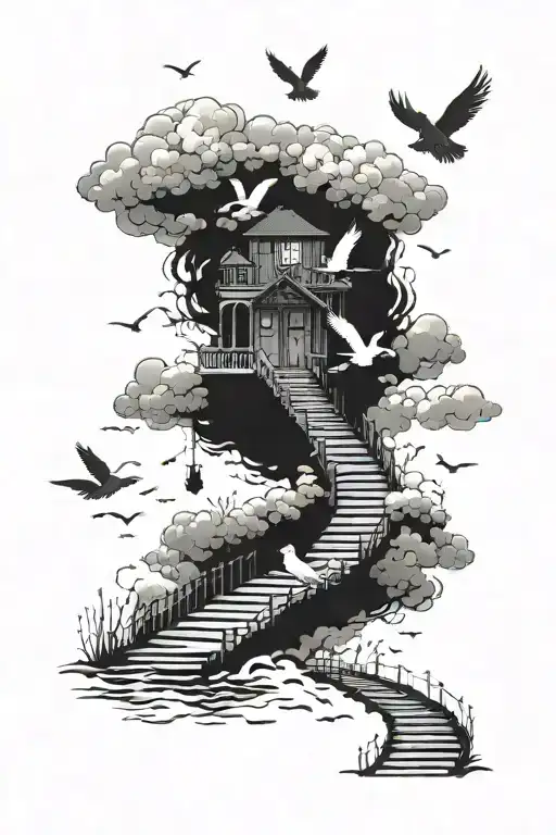 A Boardwalk As The Stairs Of Heaven With Surrounding Clouds And Doves Into A Dark Cloud Filled Sky