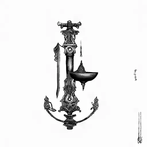 A Sword With Balance Scale Bowls And An Hourglass