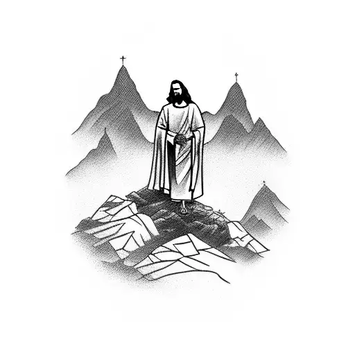 Jesus Standing On A Edge Of A Cliff Viewing Water And Mountains