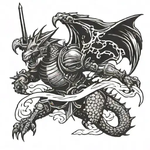 A Tattoo Design Featuring A Knight Battling A Dragon In A Classic Video Game Style