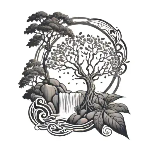 Tree Of Life And Waterfall Cascading