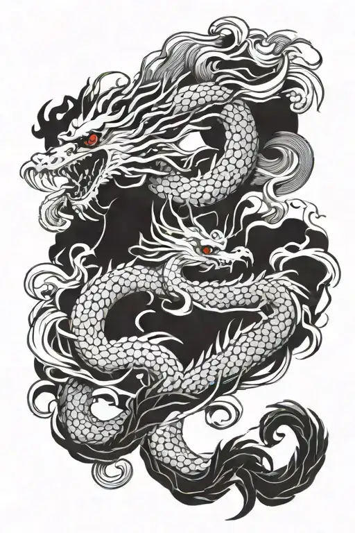 Japanese Dragon And Crane Bird Entwined Together