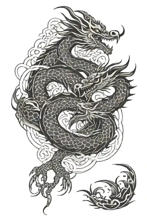 Japanese Dragon And Crane Entwined Together