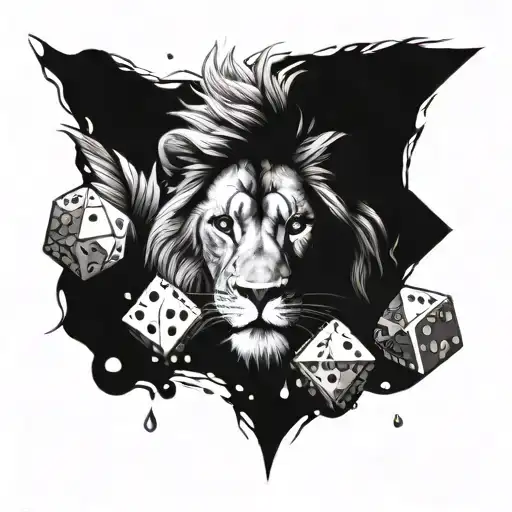 A Lion's Head Surrounded By Dice And Water Elements
