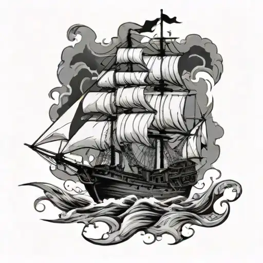 Pirate Ship With Torn Sails Alone On The Sea