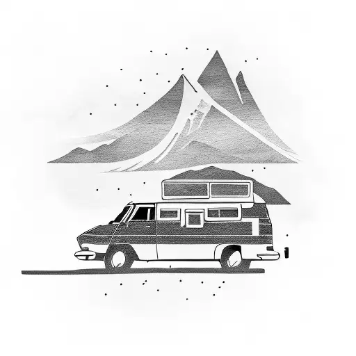 A Silhouette Of A Camper Van Driving Through A Mountain Range