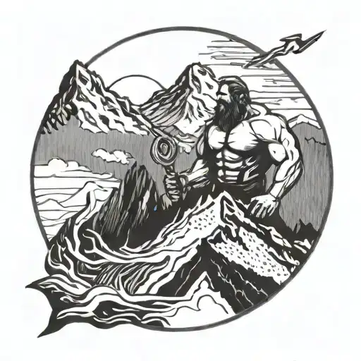 A Powerful Blackwork Tattoo Of A Muscular Figure Conquering A Mountain Peak