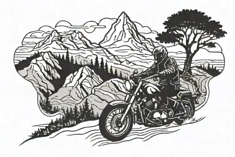 A Motorcycle Riding Through A Mountain Range With A Tree Silhouette In The Background