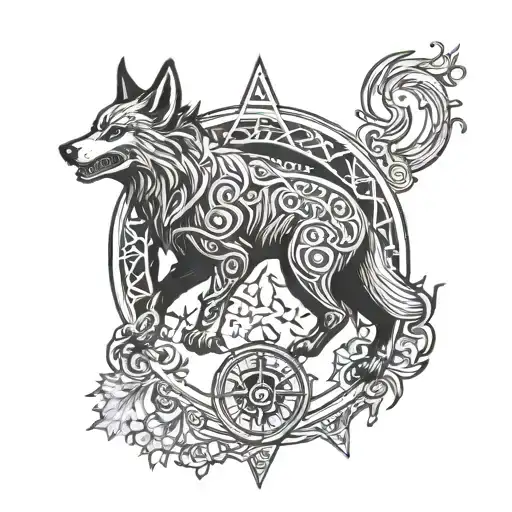 Fenrir With A Vikings Compass And A Forest