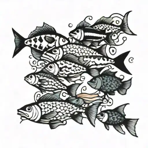 A School Of Colorful Fish Swimming In A Blackwork Ocean