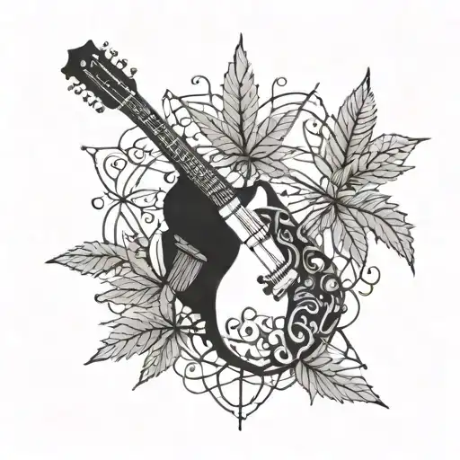 A Intricate Blackwork Design Of A Marijuana Leaf Intertwined With Guitar Strings