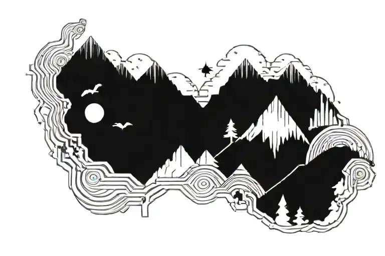 Pixelated Mountain Landscape With Cyber Sigilism