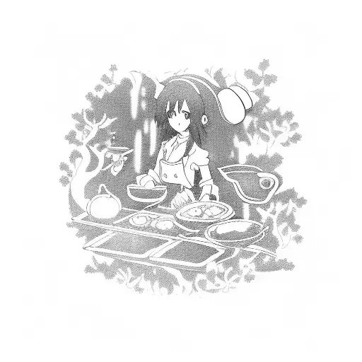 A Mysterious Anime Character Cooking A Delicious Meal In A Magical Forest