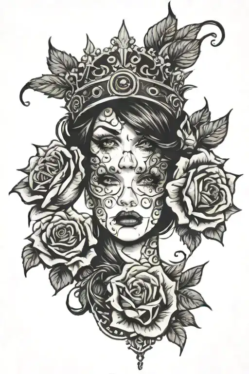 Woman's Face Thorn Crown On Head With Roses And Big Eye