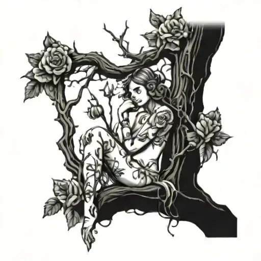 Tree Trunk With Roses And Vines And A Woman Sitting On A Tree Branch Scene In A Forest Behind