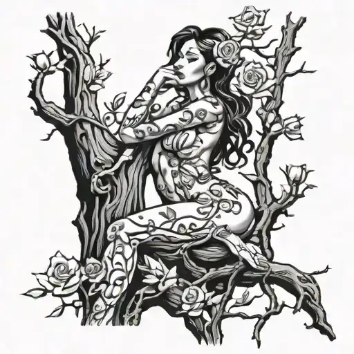 Tree Trunk With Roses And Vines And A Woman Sitting On A Tree Branch Scene