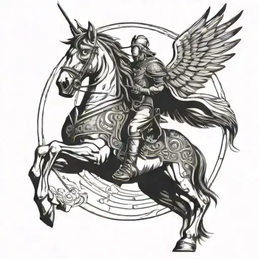 Pegasus And Warrior Who Holds A Spear Of Odin With A Circle