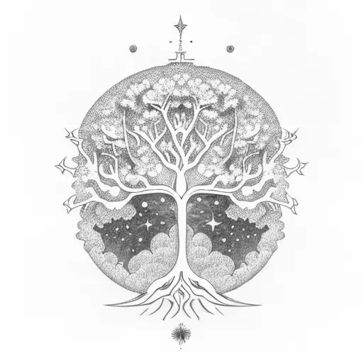 A Celestial Tree Of Life With Intricate Blackwork Details