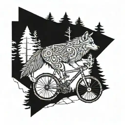 An Intricate Blackwork Tattoo Of A Wolf Riding A Bike Through A Forest
