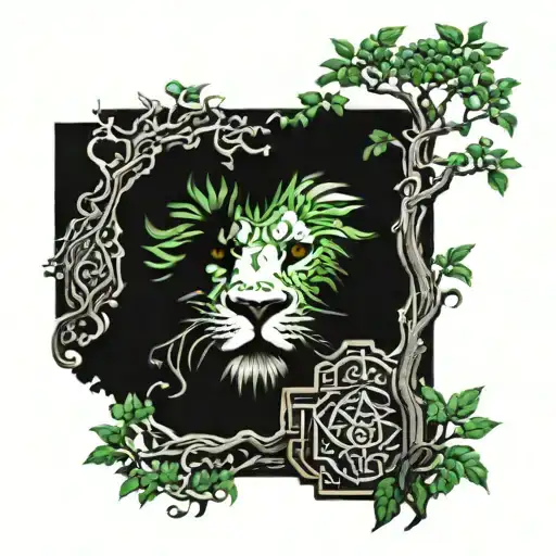 Green Lion Eyes Wtih A Bonzai Tree
