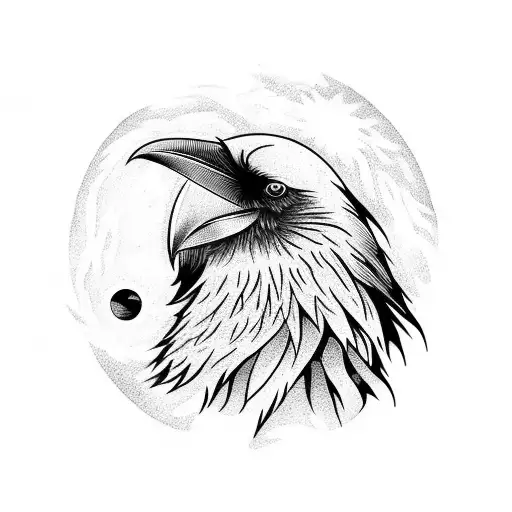 A Raven With A Full Moon Behind Its Head Surrounded By Trees