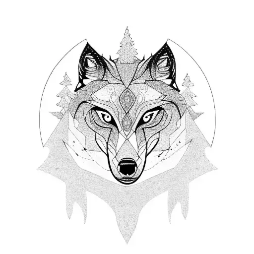 An Intricate Geometric Design Of A Wolf Howling In A Moonlit Forest