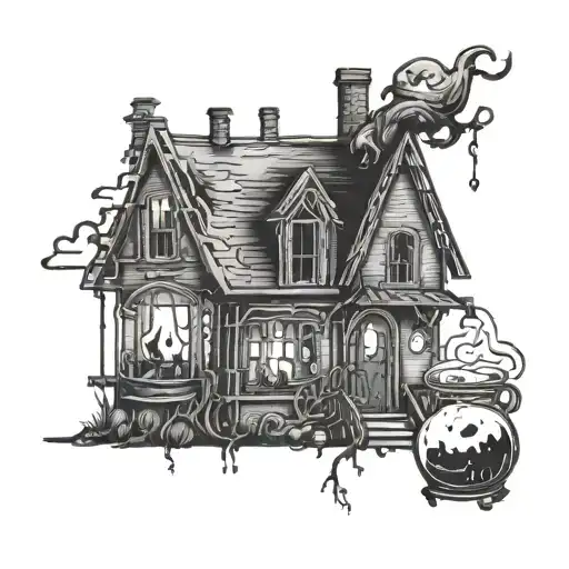 A Haunted House With A Witch Brewing Potions In The Window