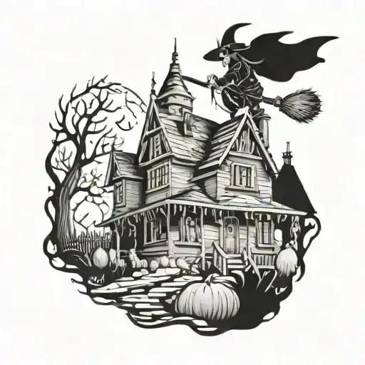 A Witch Flying On A Broomstick Over A Haunted House At Night