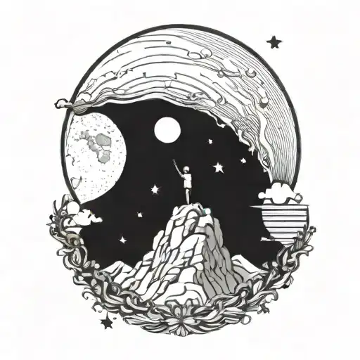 Cresent Moon With Stars And A Man Looking At It On A Cliff