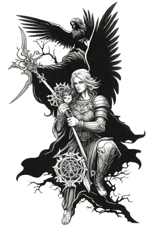 Gothic Warrior Angel Protecting Family Tree