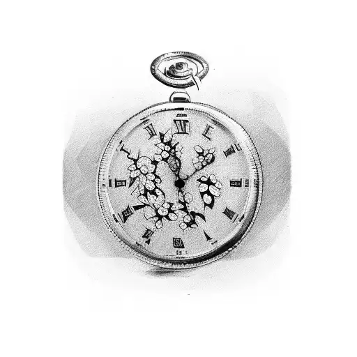 An Elegant Sketch Of A Pocket Watch With Birth Flowers Incorporated Into The Design