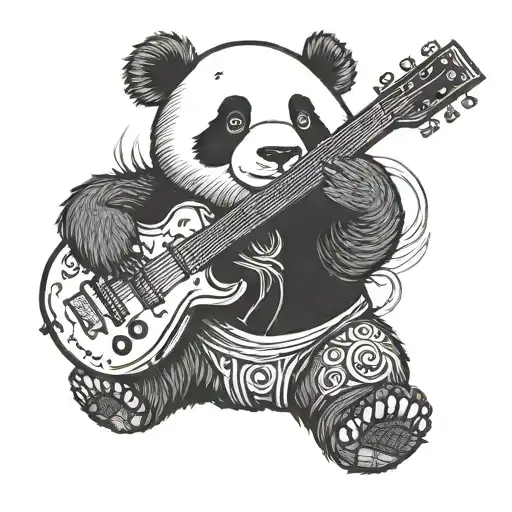 A Panda Playing A Rock Guitar In A Blackwork Style