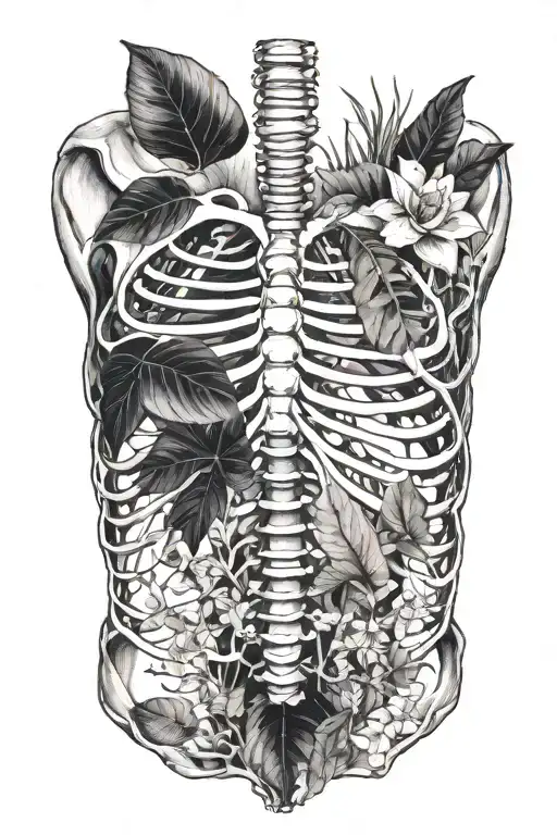 Anatomic Human Rib Cage With Tropical Plants Growing From Inside It