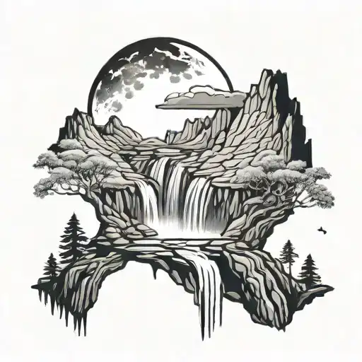 Moon And Waterfalls Cascading Down The Cliffs