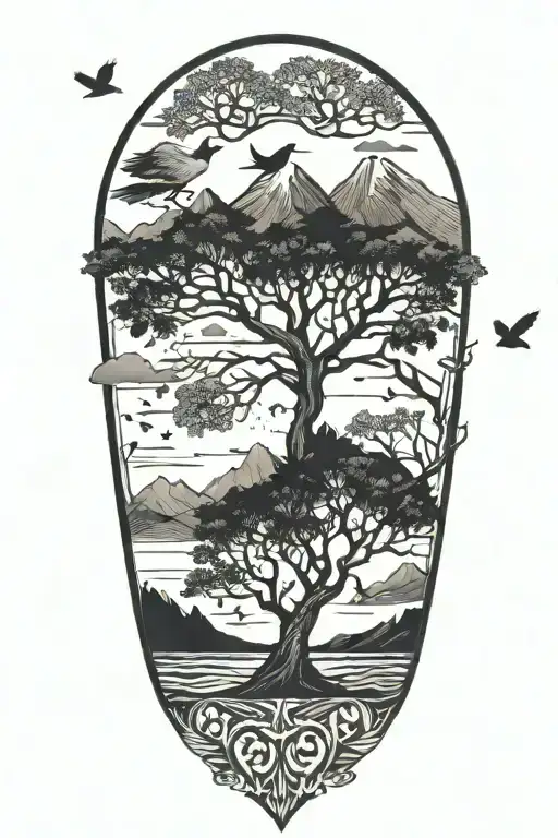 Tree Of Life With Mountains And Birds Flying Towards