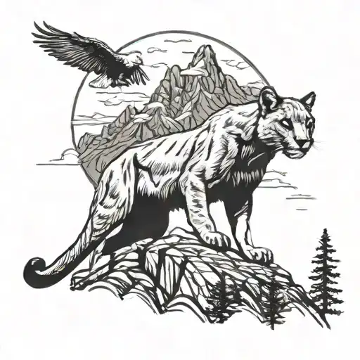 Mountain Lion On A Cliff Side With Mountains In The Background And A Eagle Flying Overhead