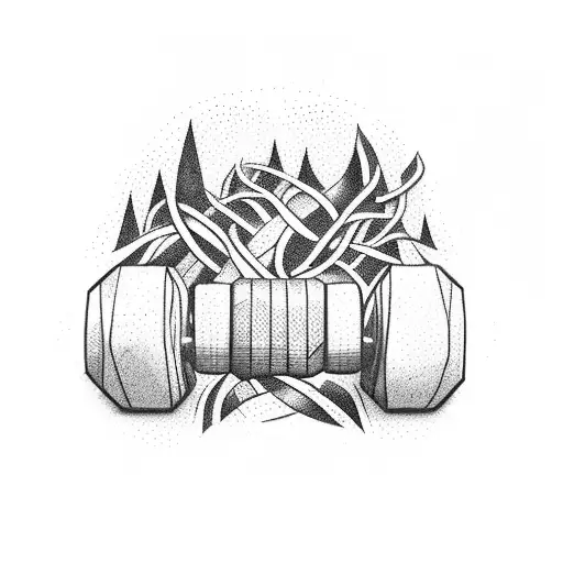 A Gym Dumbbell Entwined With Forest Vines In A Blackwork Style