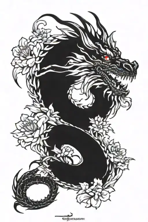 Dragon Tattoo With Flowers