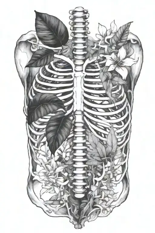 Anatomic Human Rib Cage With Tropical Plants Growing From Inside It