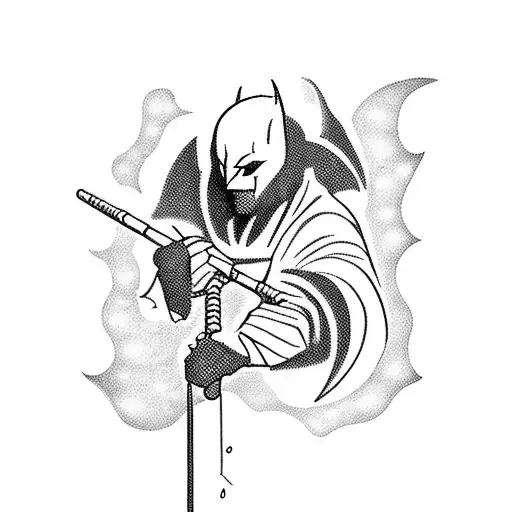 A Striking Blackwork Tattoo Of A Silhouette Of Batman Fishing In A Moonlit River