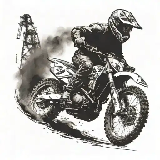 A Dirt Bike Kicking Up Dust With A Truck And Oil Rig In The Background